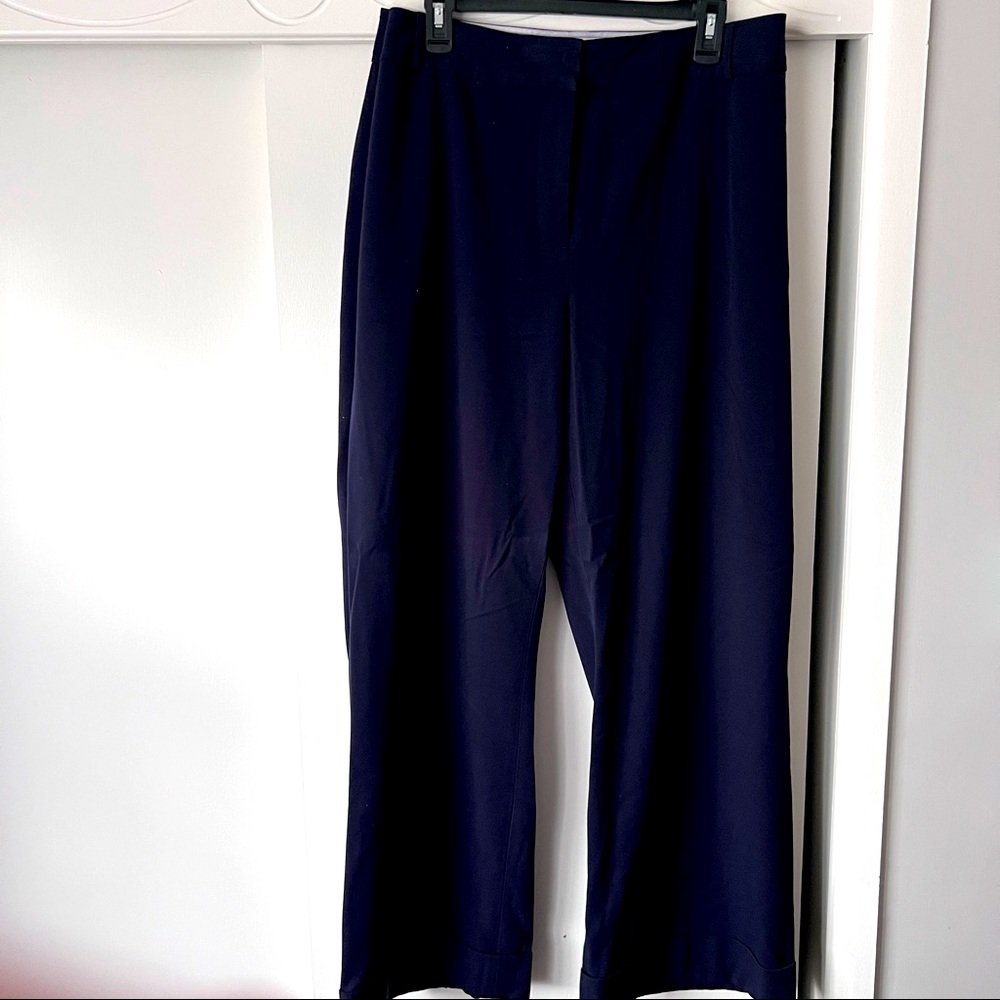 Navy women’s dress pants, stretch material, cuffed oant legs